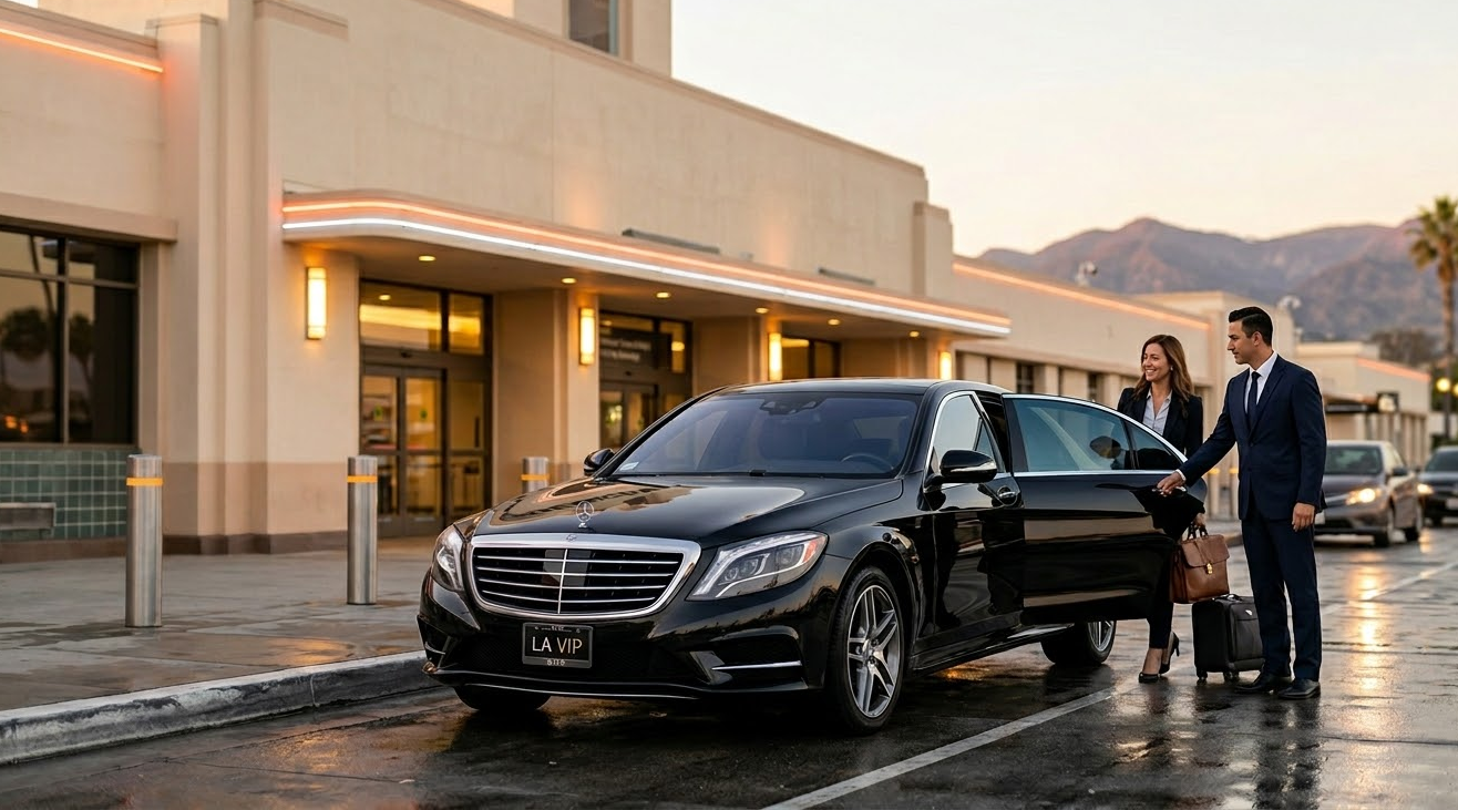 Burbank Airport Car Service Chauffeur opens door of a black luxury sedan for a passenger at Burbank Airport.