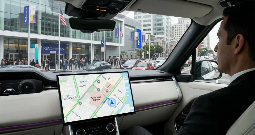 Chauffeur Navigation for RSA 2026 interior view of a luxury car with a professional chauffeur Luxury car interior with professional driver and GPS navigation to Moscone Center during RSA Conference 2026.