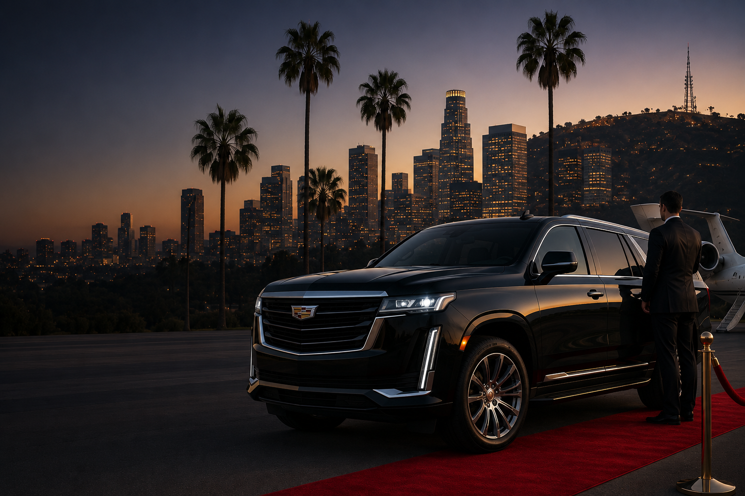Luxury SUV with professional chauffeur and private jet for Business of Entertainment Summit 2026 transportation in Los Angeles