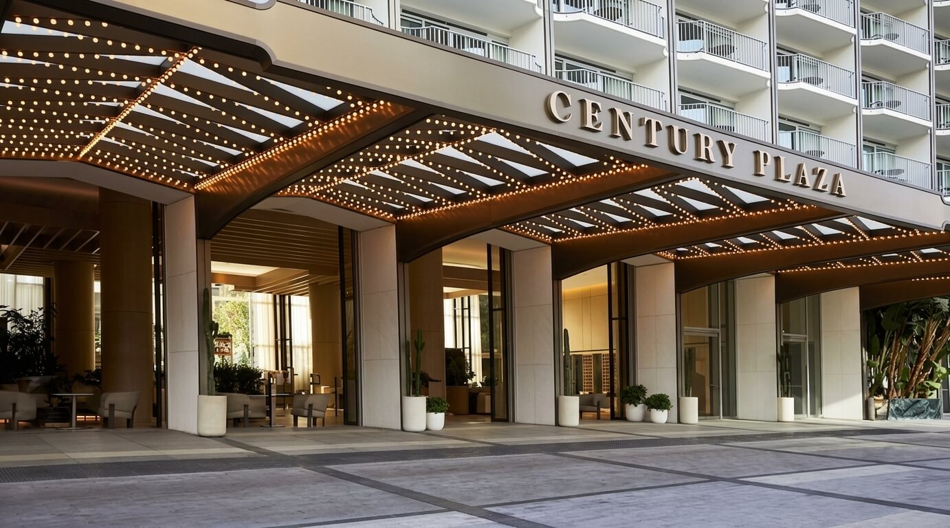 century-plaza-empty-entrance-driveway A wide-angle, realistic photo of the empty entrance and driveway of the Century Plaza hotel, featuring a large illuminated canopy with "CENTURY PLAZA" in metal letters. No people or vehicles are present.