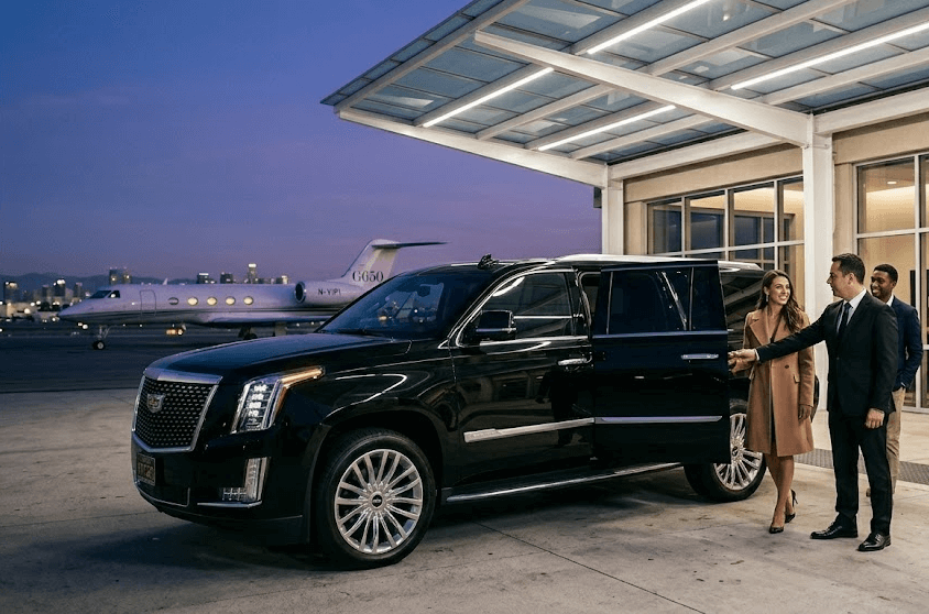 elite-airport-transfer-lax-van A chauffeur greeting clients at a private FBO airport terminal in Los Angeles next to a luxury black SUV and a private jet, providing elite airport transfer services.