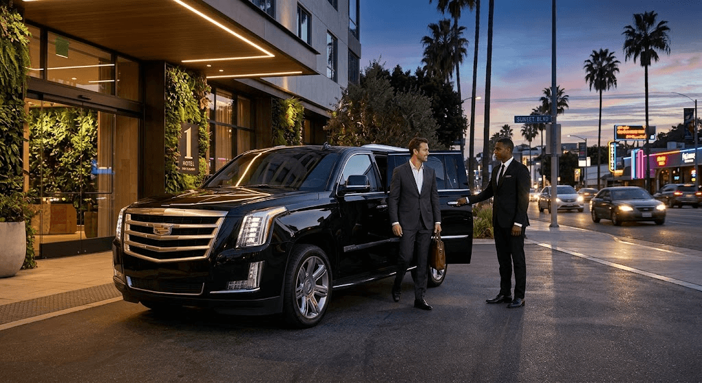 Private chauffeur opening the door of a black luxury SUV for an entertainment executive arriving at 1 Hotel West Hollywood on Sunset Boulevard