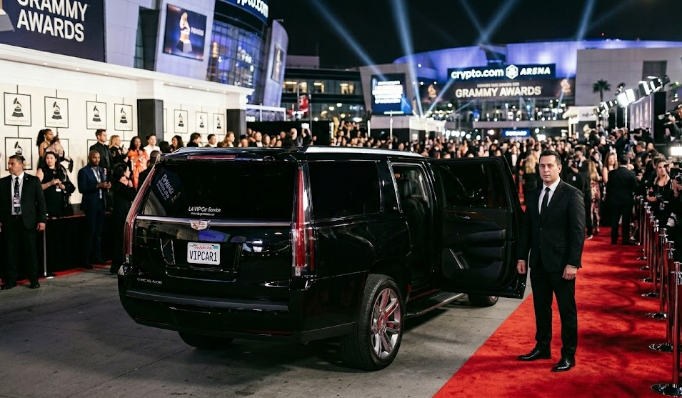 grammy-awards-luxury-car-service-la A luxury black Cadillac Escalade providing chauffeur service for the Grammy Awards in Los Angeles.