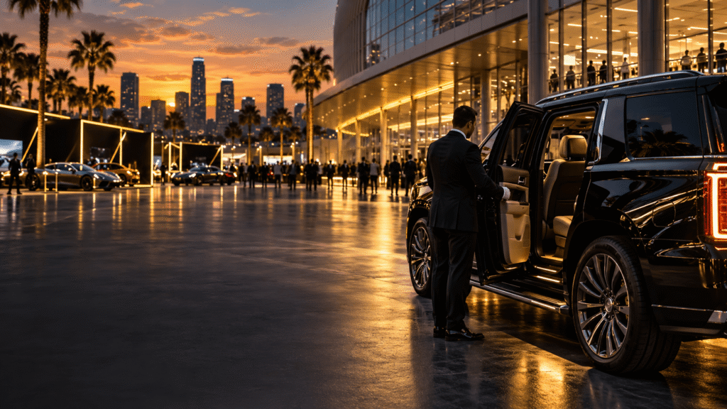 la-auto-show-private-car-service-hero Luxury black SUV with chauffeur outside the Los Angeles Convention Center during the LA Auto Show