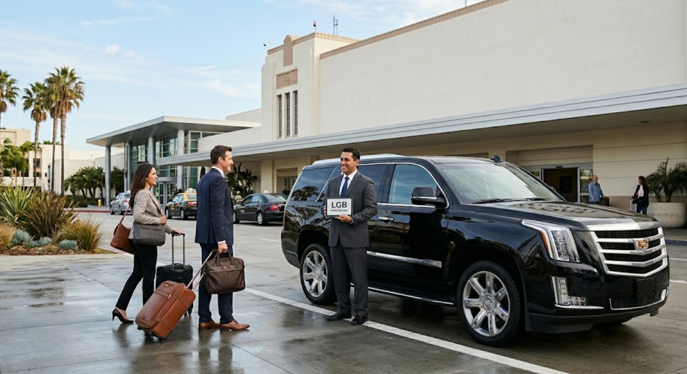 lgb-limo-service-chauffeured-black-suv A professional chauffeur welcomes two travelers with rolling luggage and an LGB sign, standing beside a black luxury SUV at an airport arrival terminal.