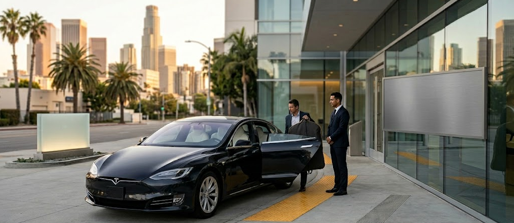 luxury-tesla-car-service-los-angeles A professional chauffeur in a black suit holding a garment bag stands next to a black Tesla with its passenger door open in front of a modern glass building.
