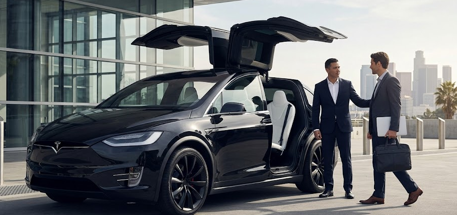 luxury-tesla-chauffeur-service-los-angeles Two professional businessmen in suits discuss travel arrangements beside a black Tesla Model X with open falcon wing doors at a modern Los Angeles property. A chauffeur stands ready by the electric vehicle, with the city skyline visible in the background under clear daylight.