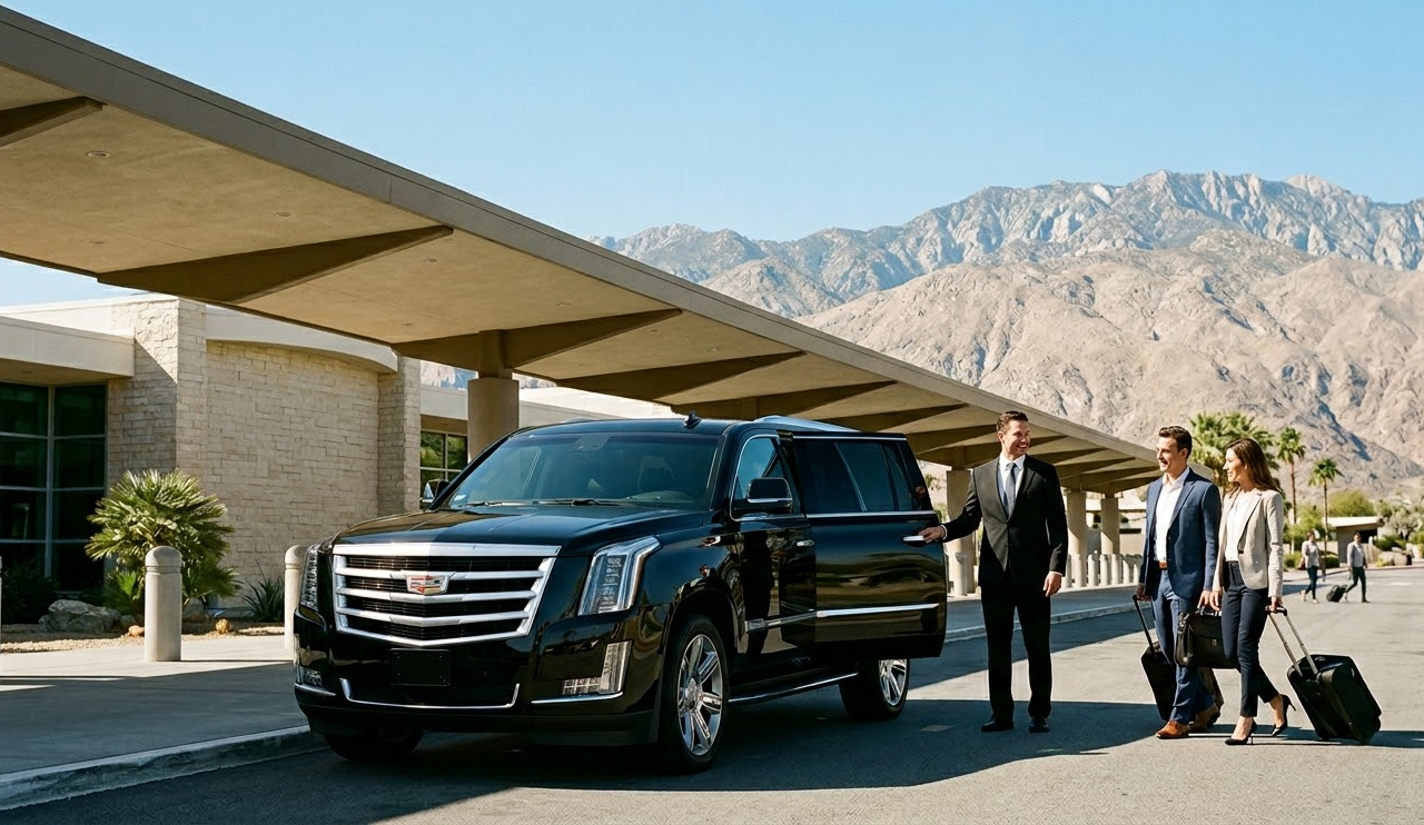 palm-springs-to-lax-airport-private-suv-transfer A professional chauffeur in a dark suit welcomes two travelers into a black luxury Cadillac Escalade SUV at the Palm Springs Airport (PSP) terminal, with a dramatic backdrop of the rugged, sun-drenched San Jacinto Mountains under a clear blue sky.