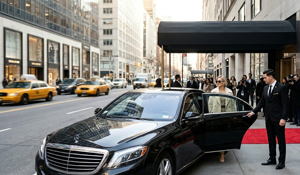 A professional chauffeur opening the door of a luxury black sedan for a fashion executive during the NYFW SS27 season in Manhattan.
