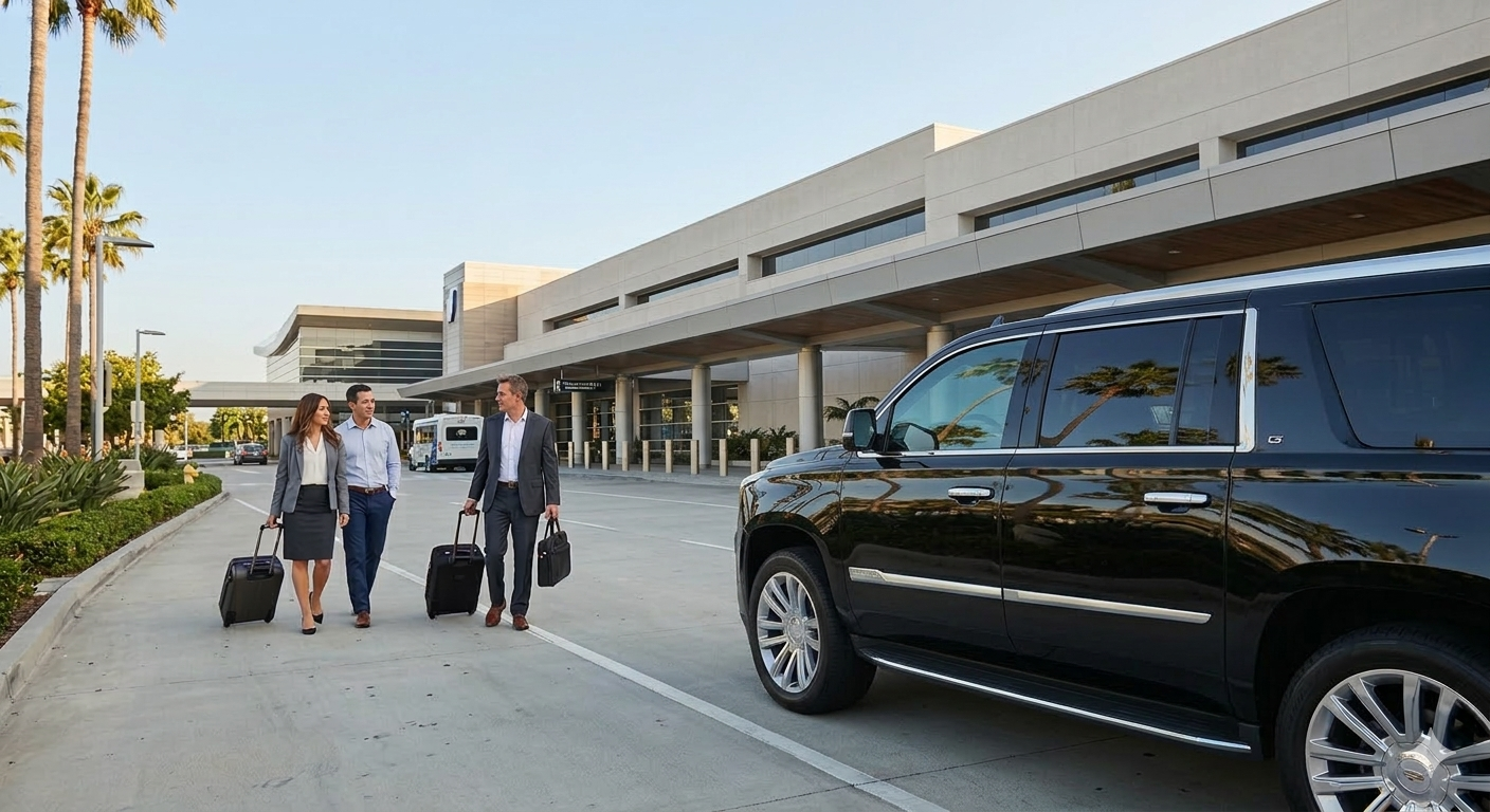 sna-john-wayne-airport-car-service Premium black SUV providing SNA car service at John Wayne Airport for arriving travelers.