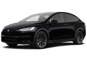 The image shows a Tesla Model X, an all-electric SUV known for its distinctive Falcon Wing doors. It offers a spacious interior, advanced technology like multiple touchscreens, and features such as Autopilot capabilities and HEPA filtration.