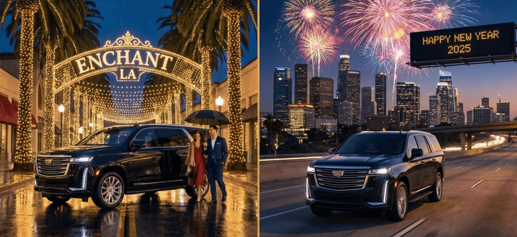 A luxury black SUV from LA VIP Car Service parked in two festive scenes: one featuring holiday light displays and the other showing New Year's Eve fireworks over the Los Angeles skyline.