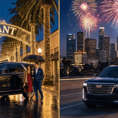 A luxury black SUV from LA VIP Car Service parked in two festive scenes: one featuring holiday light displays and the other showing New Year's Eve fireworks over the Los Angeles skyline.