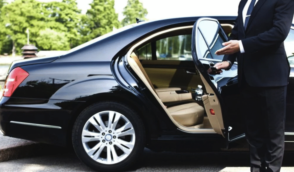 Professional chauffeur opening the door of a luxury black car for a passenger