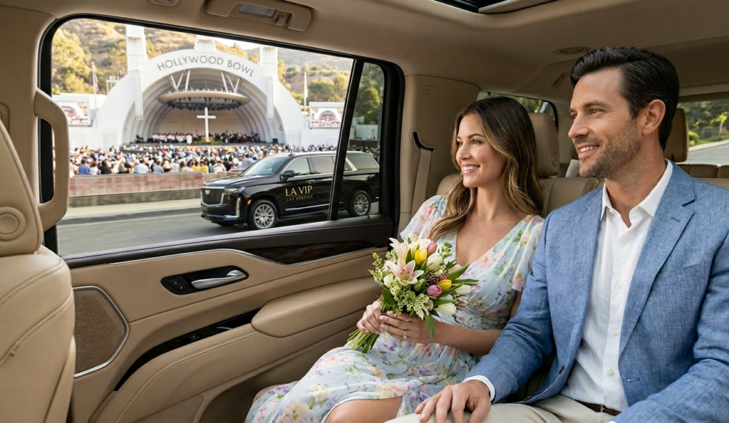 A couple sitting in the back of a luxury SUV viewing the Hollywood Bowl in Los Angeles during an Easter celebration with LA VIP Car Service visible on the vehicle.
