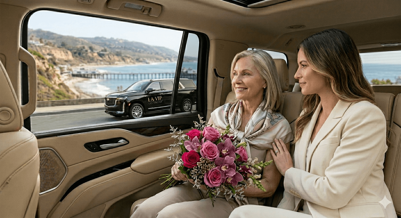 A mother and daughter holding a bouquet of flowers while riding in the back of a luxury SUV along the Malibu coast with an LA VIP Car Service vehicle visible in the background.