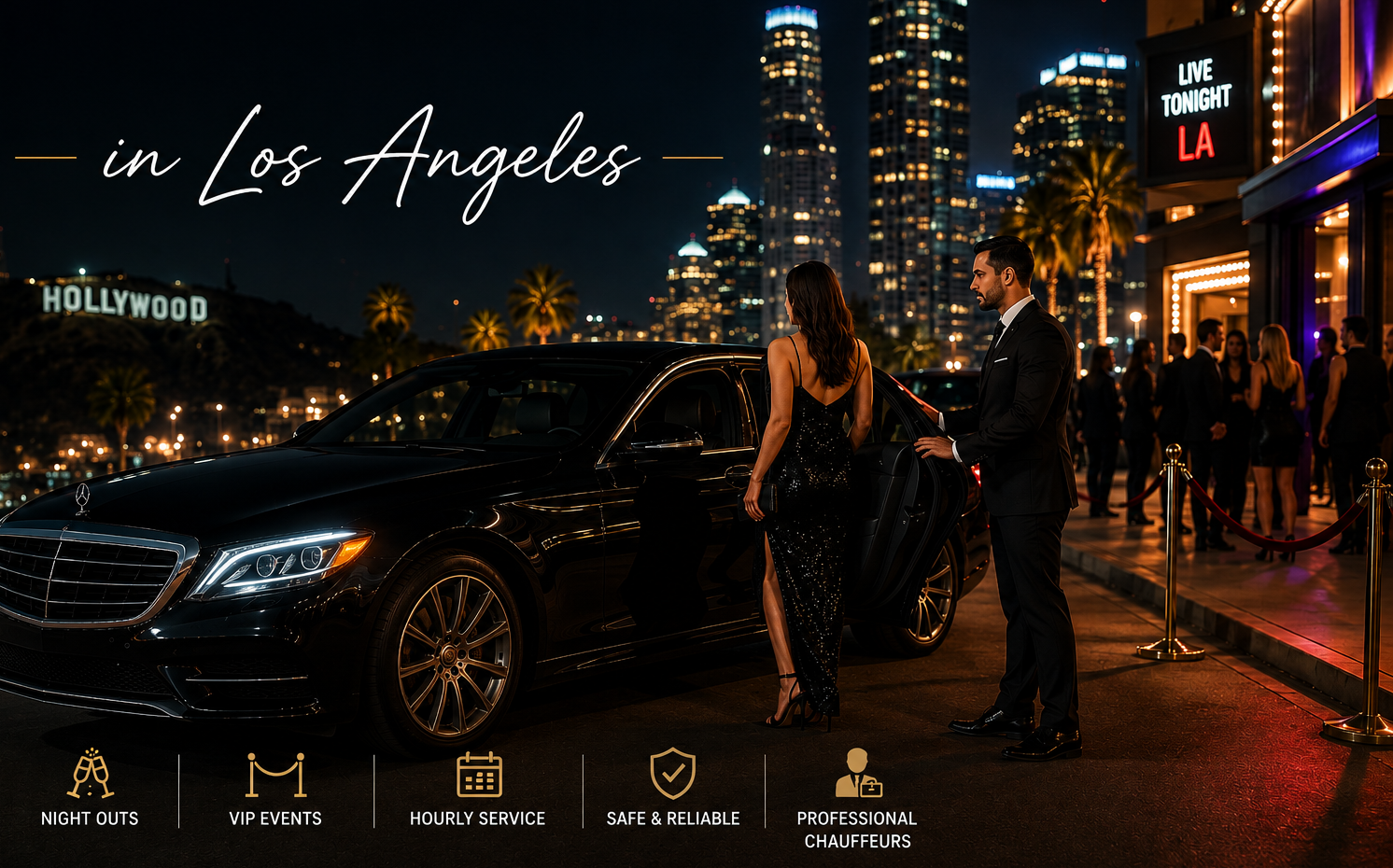 Luxury black car service in Los Angeles at night featuring a chauffeur assisting a guest outside a VIP event venue with the downtown skyline and Hollywood sign in the background.
