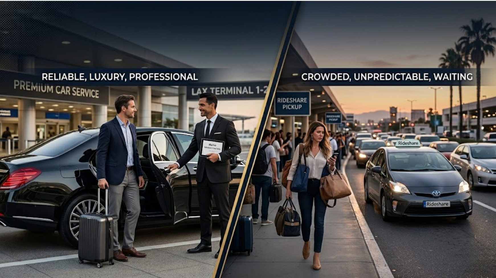 Split-screen comparison of a chauffeur opening a luxury car door versus a passenger waiting in a crowded rideshare pickup area at the airport.