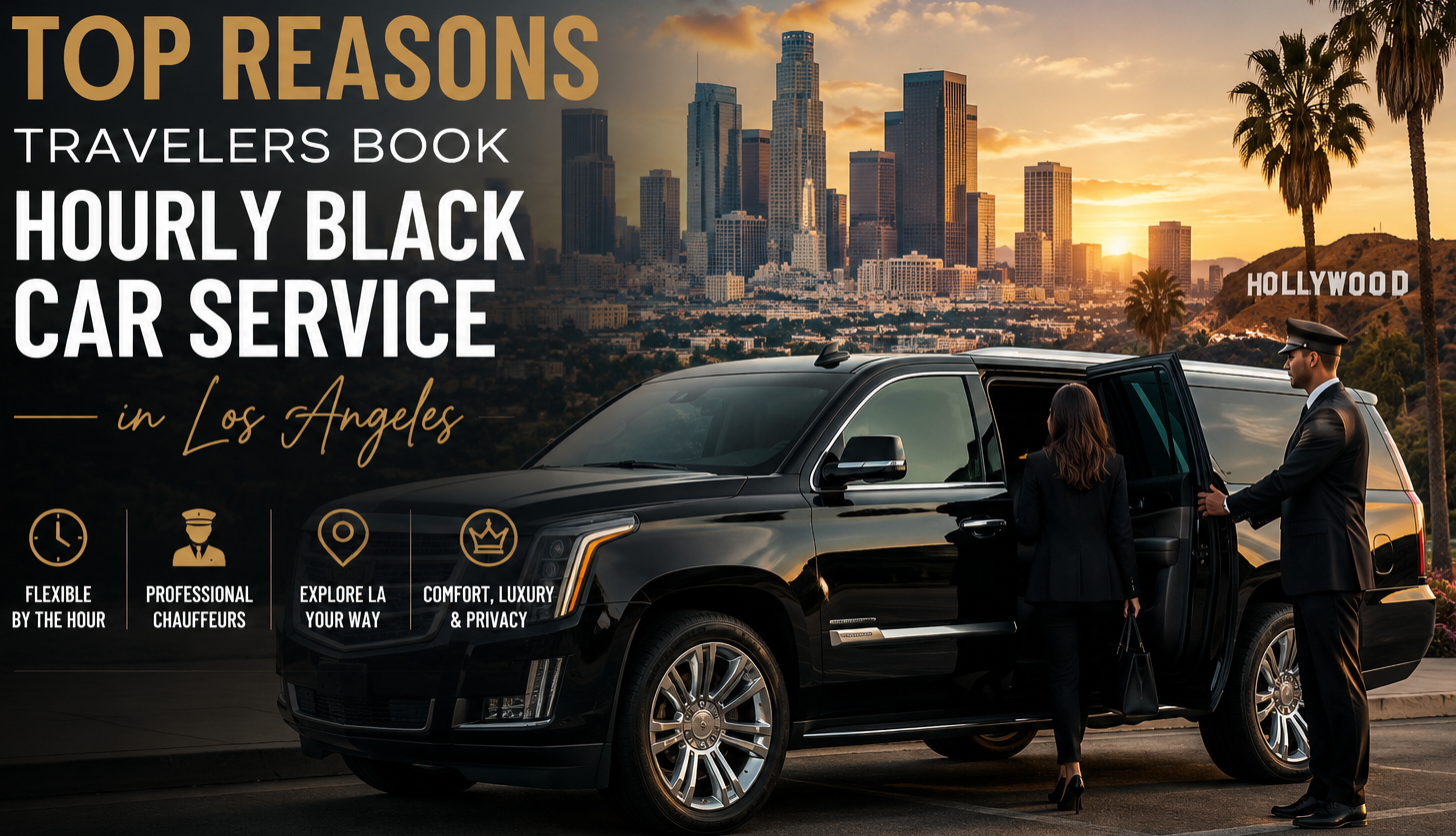 Luxury hourly black car service in Los Angeles featuring a professional chauffeur assisting a traveler into a black SUV with the downtown LA skyline and Hollywood sign at sunset.