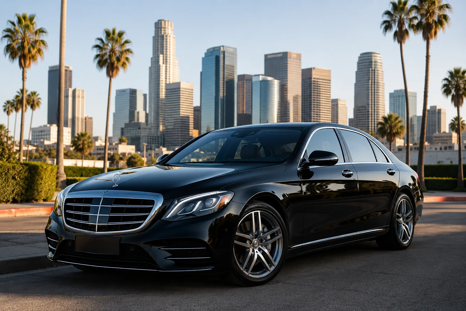 Mercedes-Benz S-Class luxury black car parked on a scenic Los Angeles street with palm trees, representing premium chauffeur and executive transportation services.