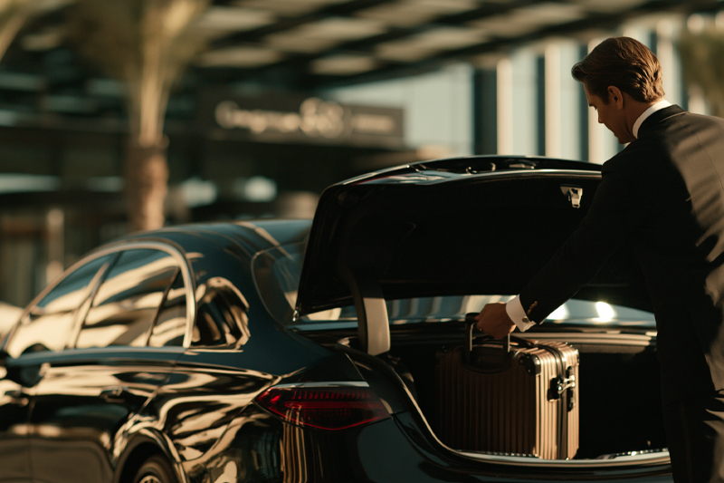Professional chauffeur loading luggage into a luxury black car in Los Angeles
