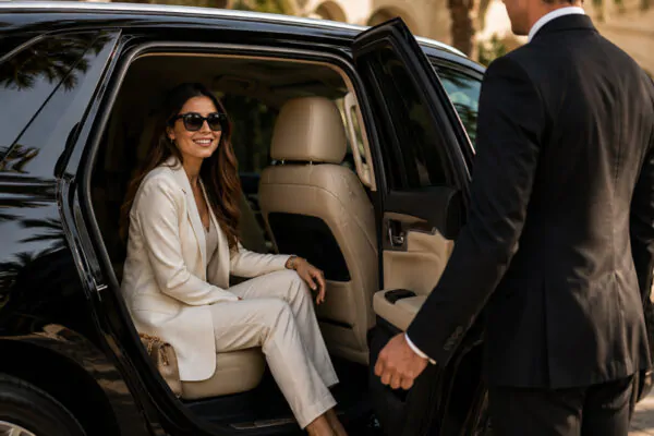 Passenger enjoying luxury point-to-point car service with a professional chauffeur in Los Angeles